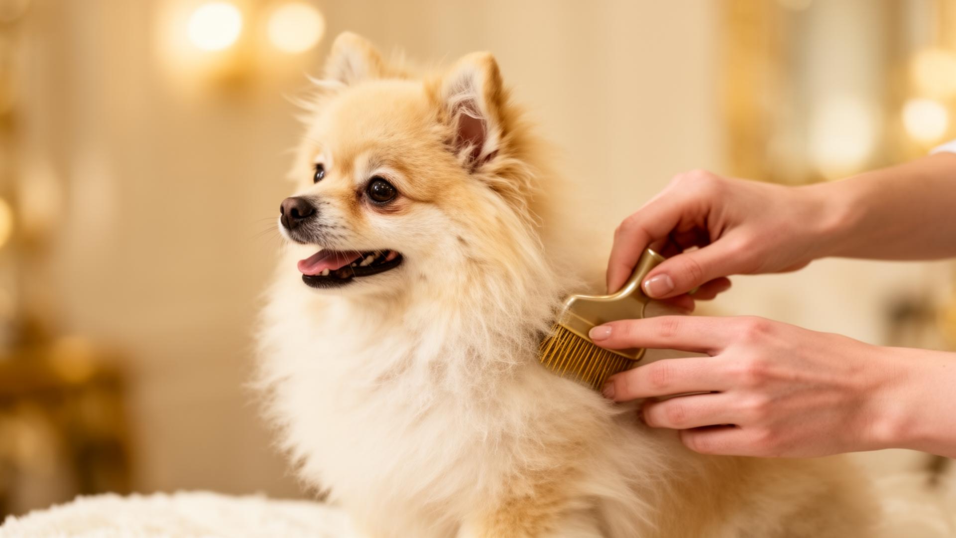 A happy fluffy dog being groomed at House of Gino